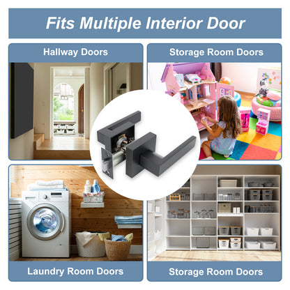 Door handle with text indicating its suitability for various types of doors in different rooms.