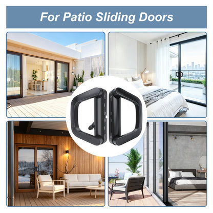 Black patio sliding door handle set shown in a collage with four lifestyle photos of modern homes and interiors, with the text 'For Patio Sliding Doors' at the top.