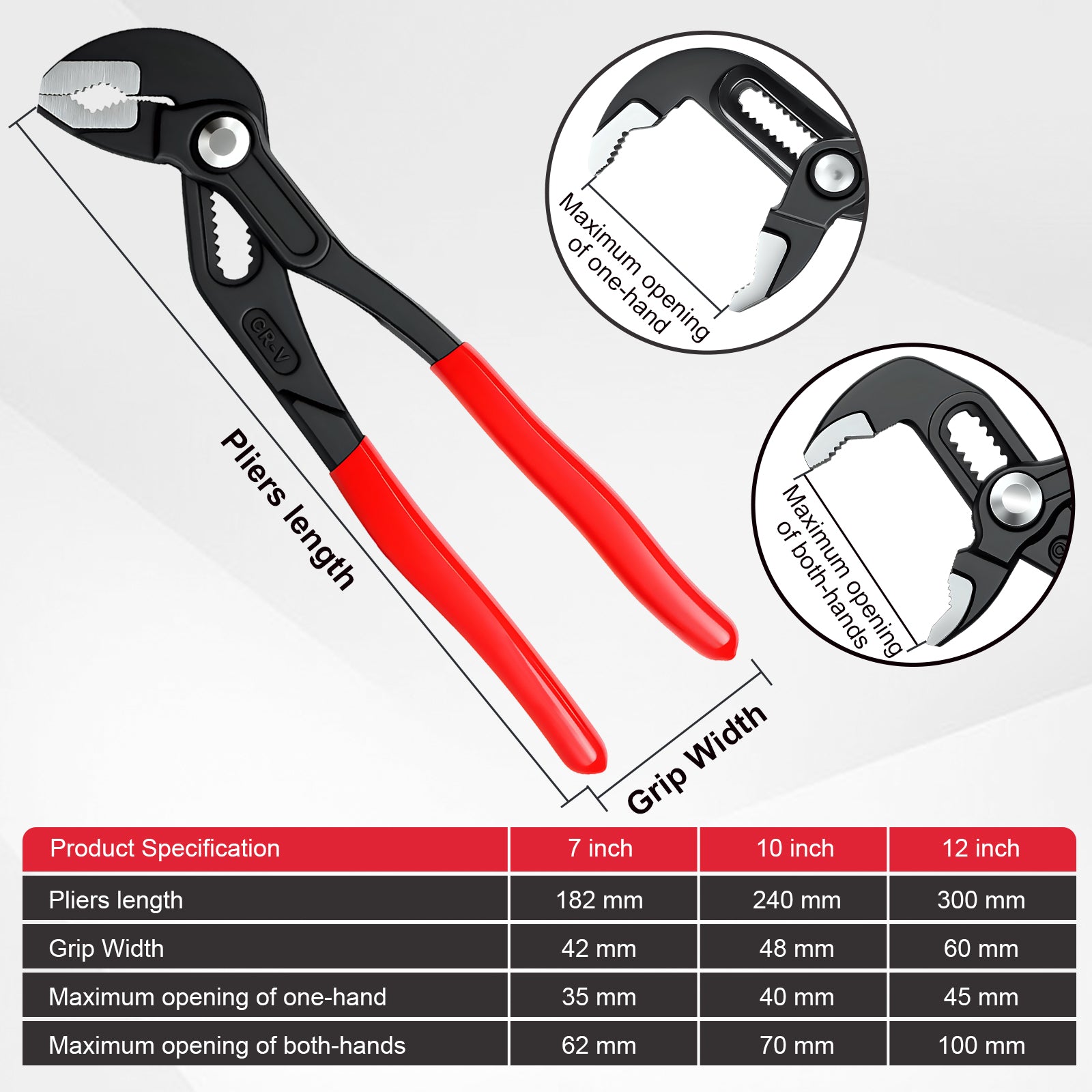 Pliers with red handles and specifications on a white background