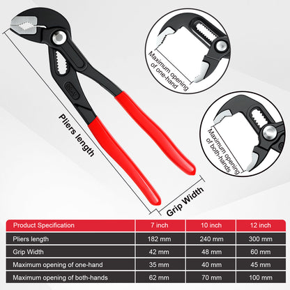 Pliers with red handles and specifications on a white background