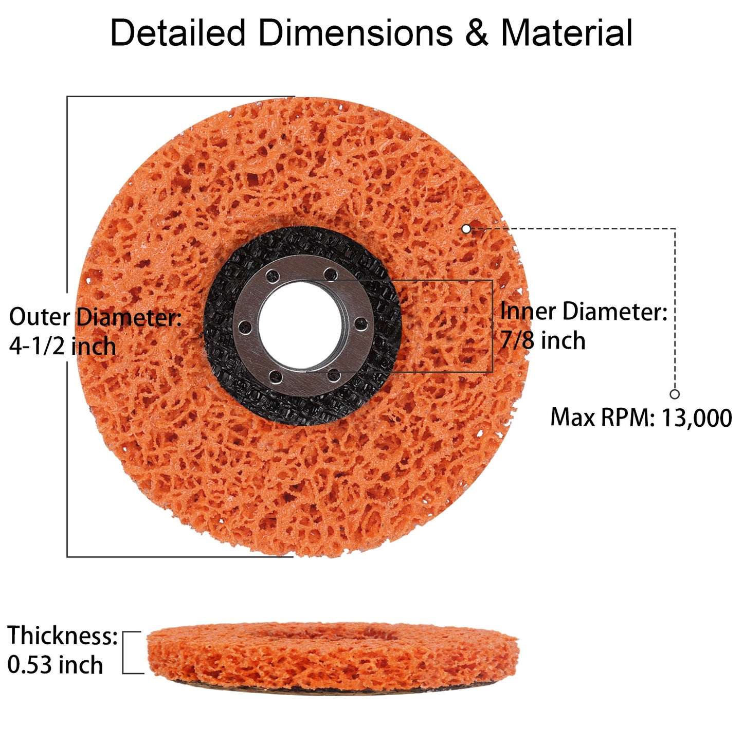 Orange abrasive wheel with labeled dimensions on a white background