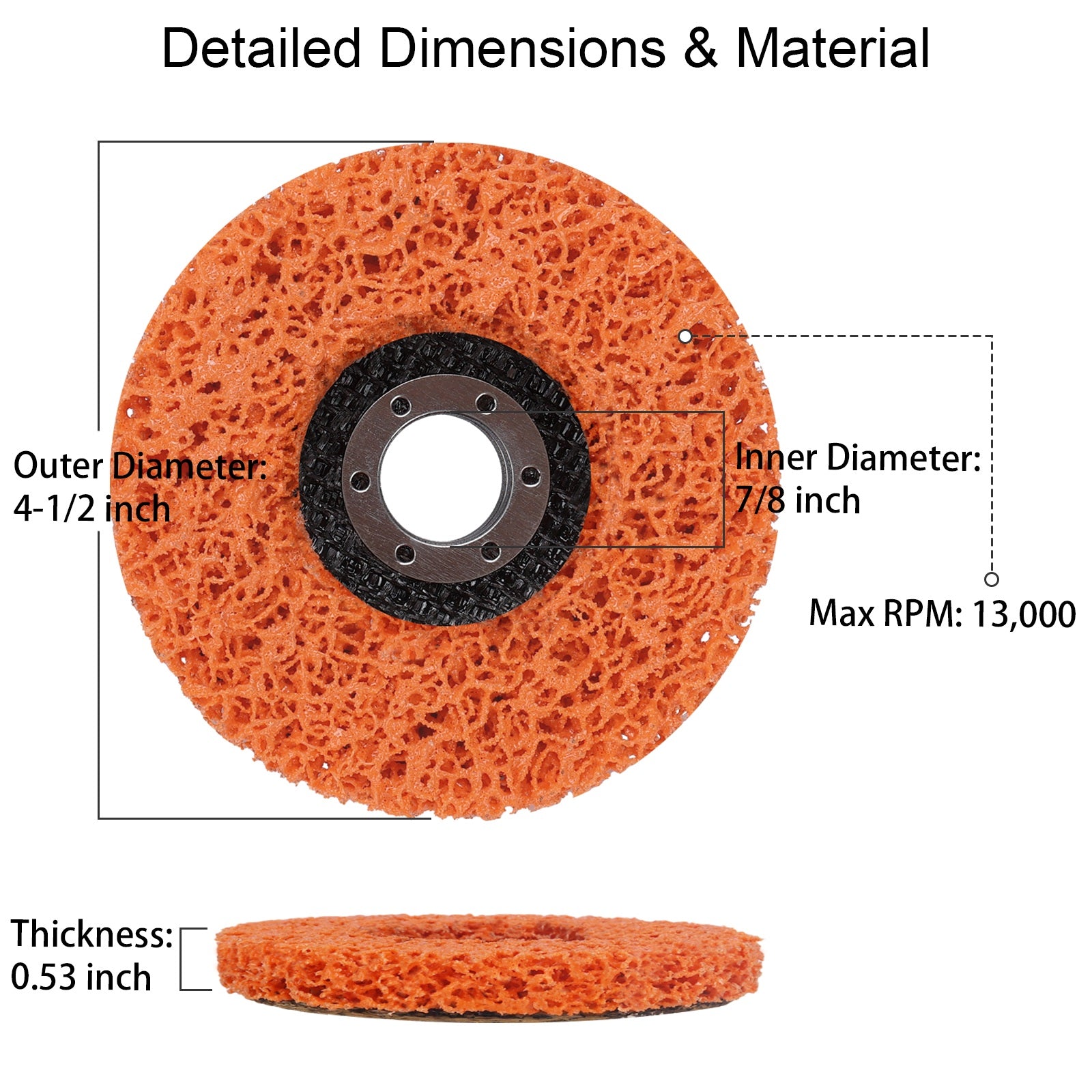 Orange abrasive wheel with labeled dimensions on a white background