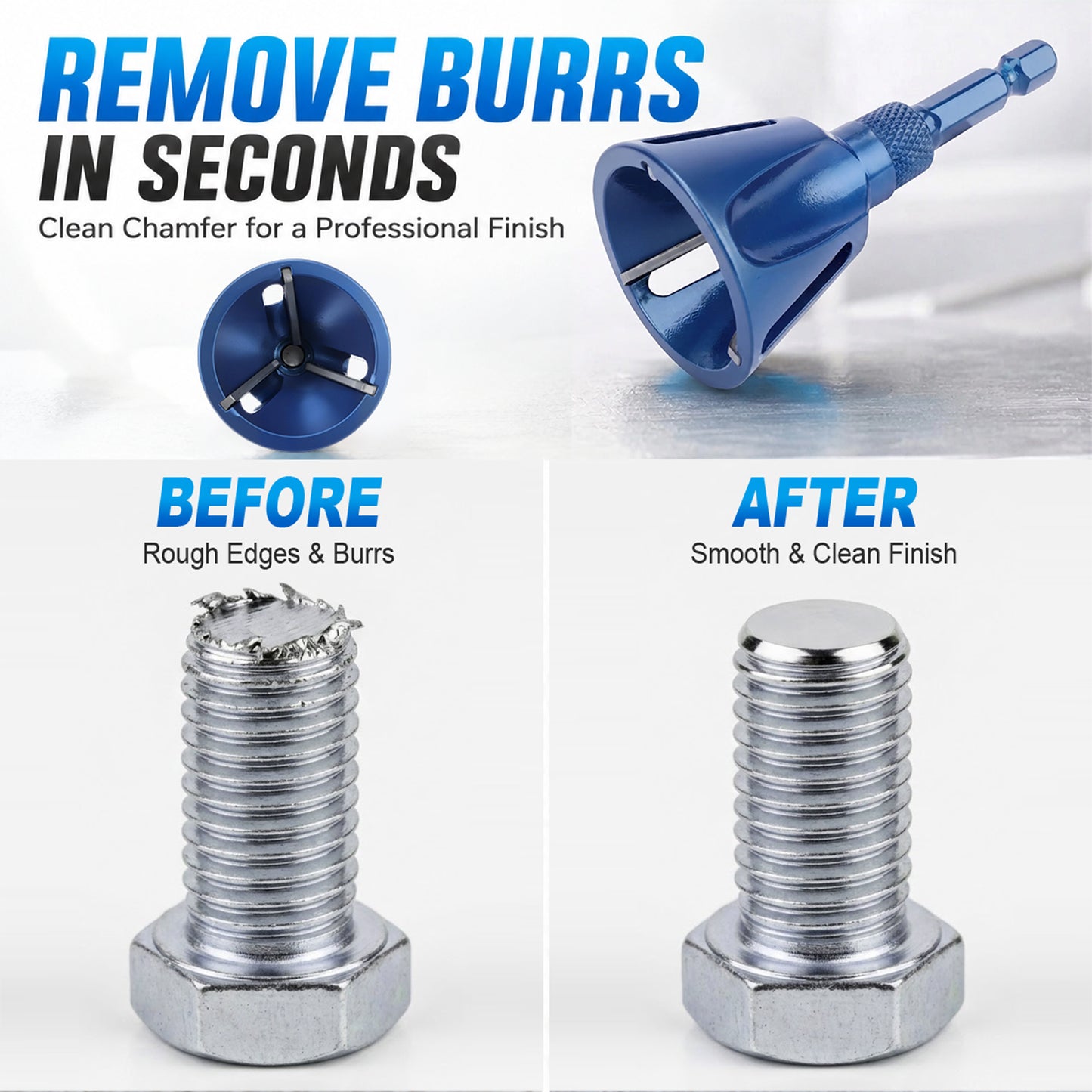 Blue metal burr remover tool shown with before/after threaded bolt comparisons and marketing text for a clean chamfer finish.