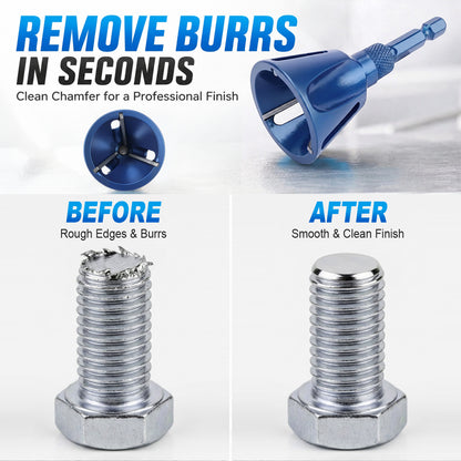 Blue metal burr remover tool shown with before/after threaded bolt comparisons and marketing text for a clean chamfer finish.