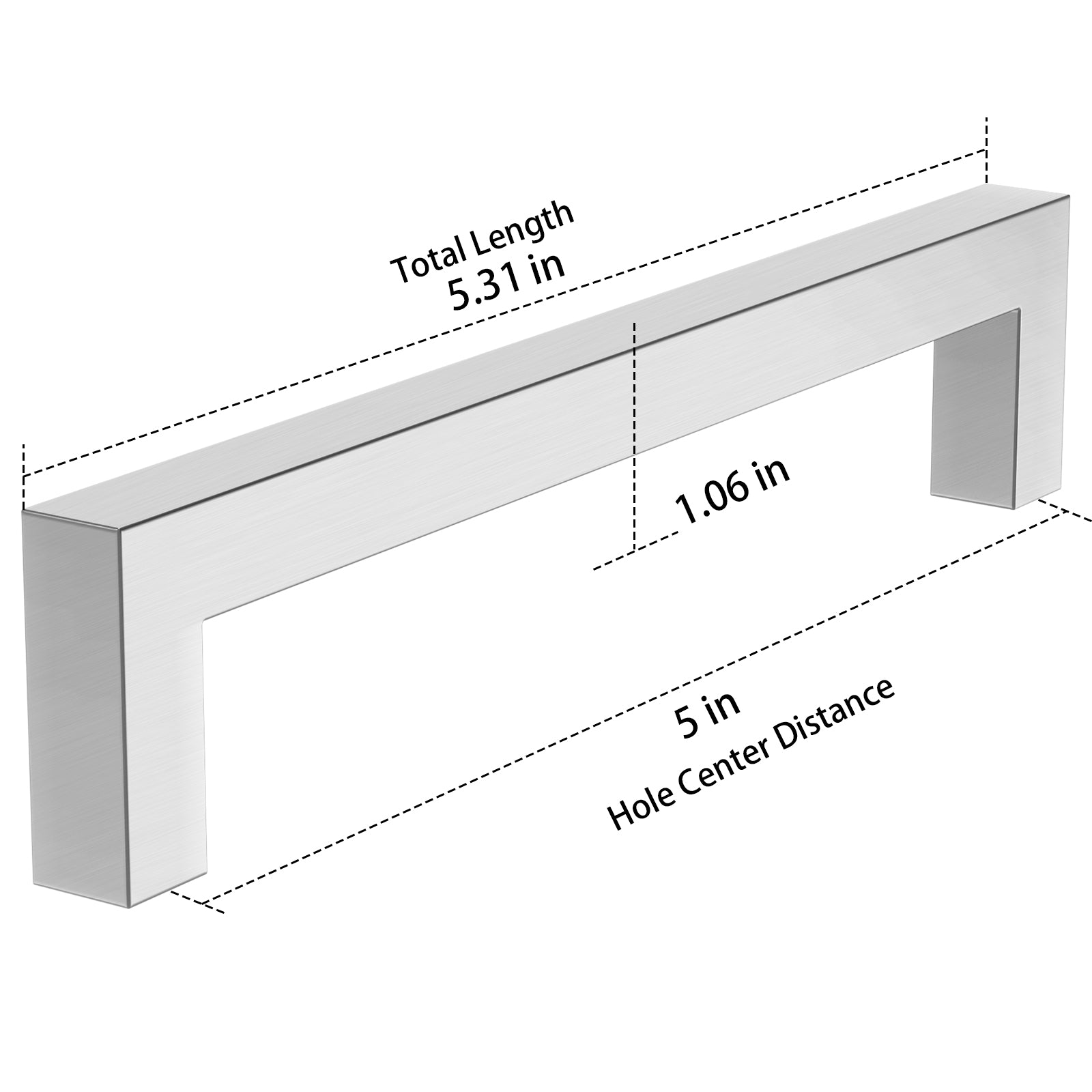 Measurement chart of a metal drawer handle with dimensions labeled.