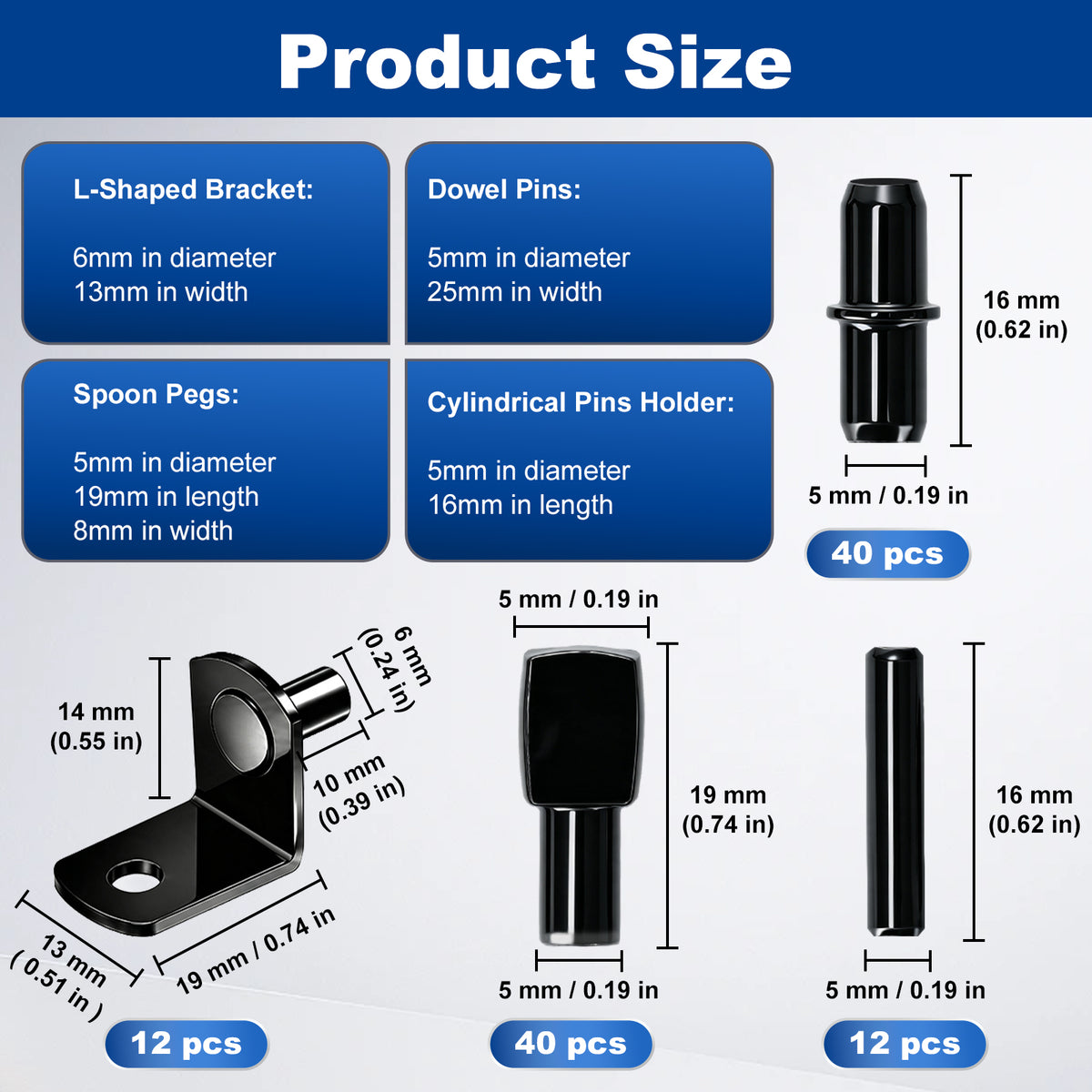 Product size chart showing dimensions and quantity for a black metal bracket set with dowel pins, spoon pegs, and a cylindrical pin holder, with blue informational panels and measurement labels.