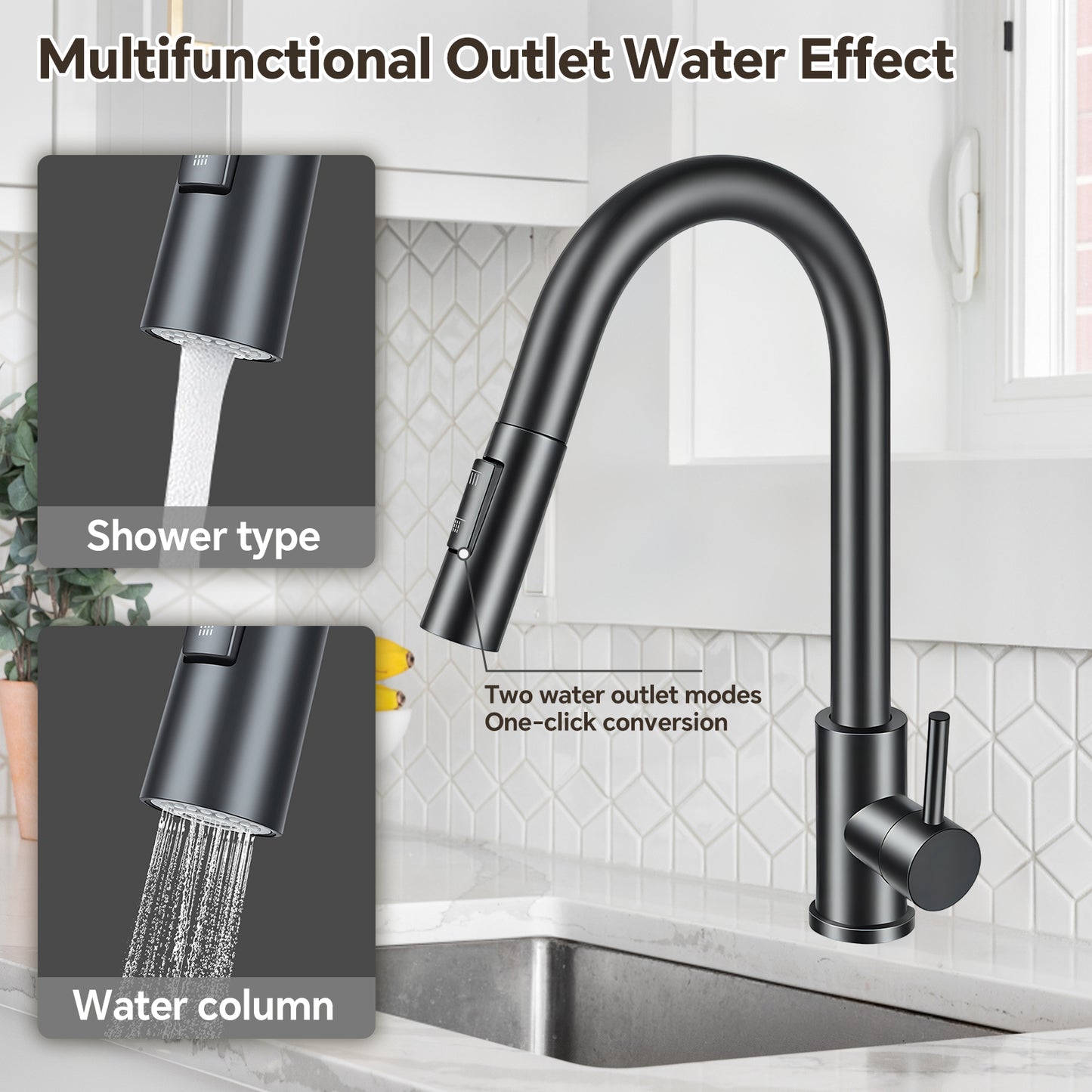 Black kitchen faucet with showerhead and water column effects on a kitchen counter.