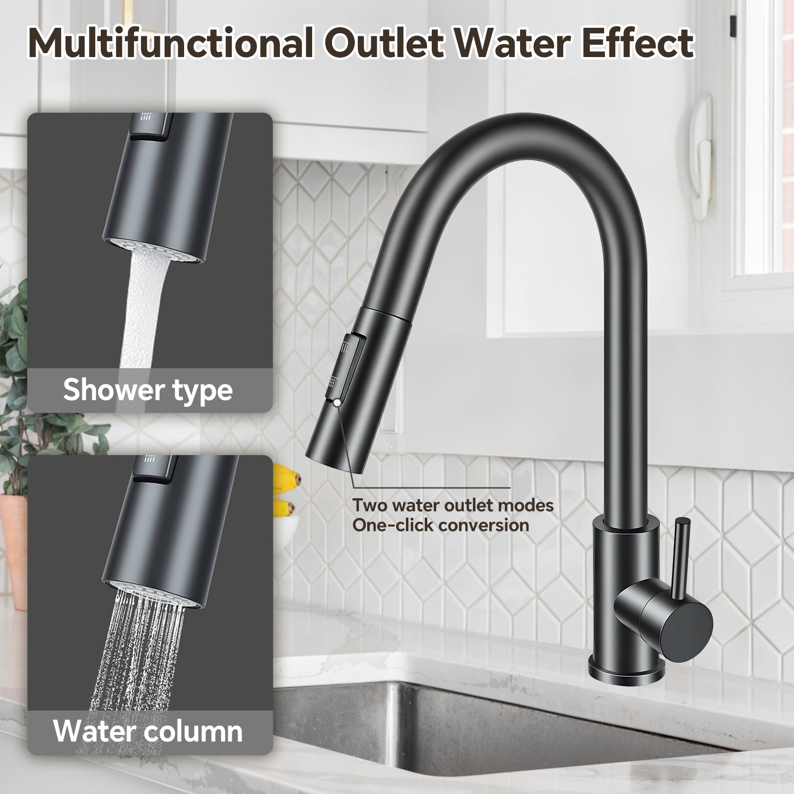 Black kitchen faucet with showerhead and water column effects on a kitchen counter.