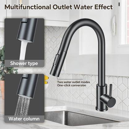 Black kitchen faucet with showerhead and water column effects on a kitchen counter.