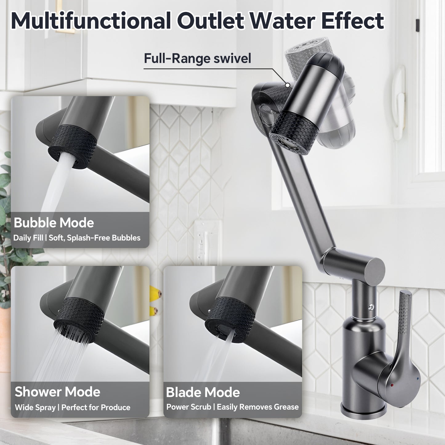 Multifunctional kitchen faucet with various modes on a tiled wall background
