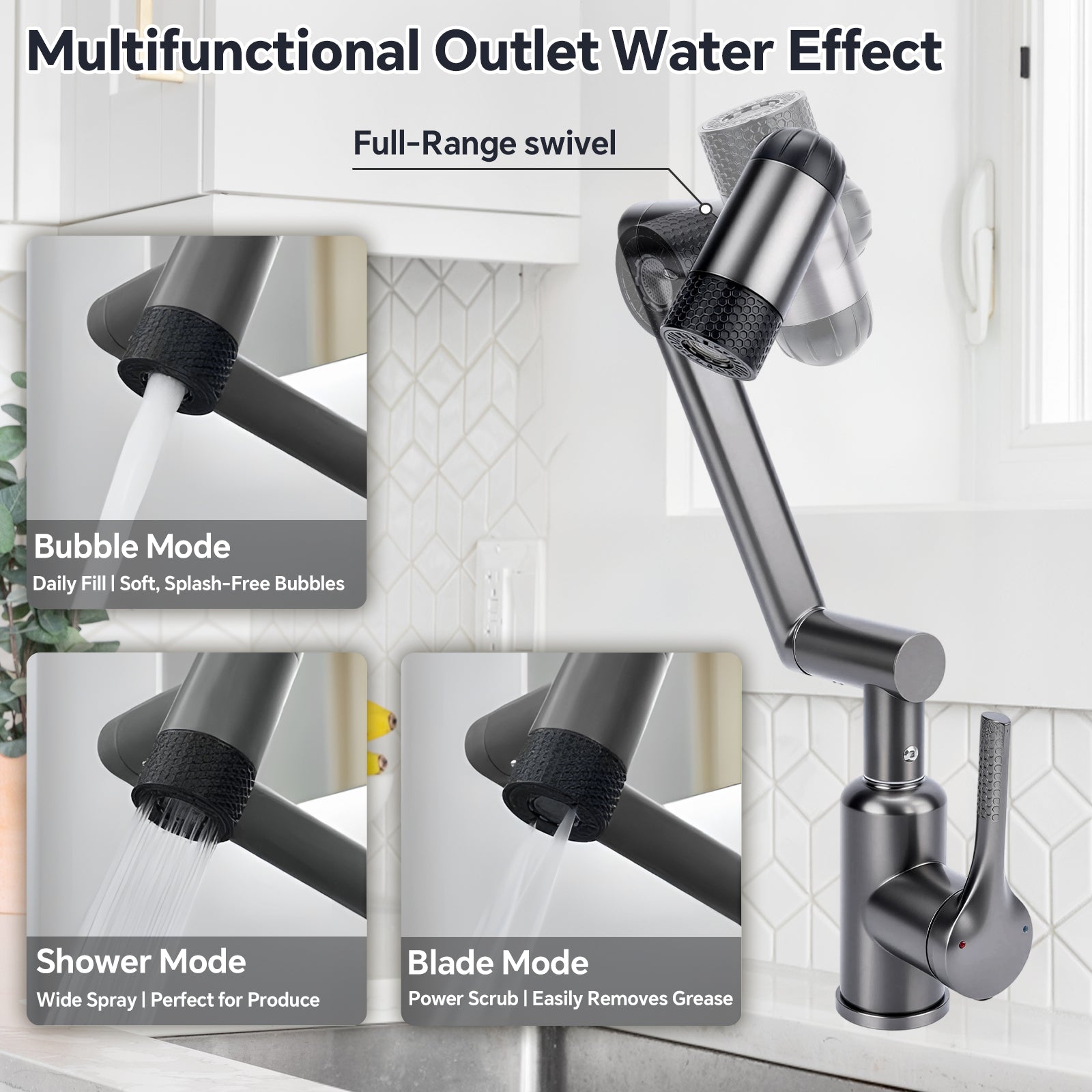 Multifunctional kitchen faucet with various modes on a tiled wall background