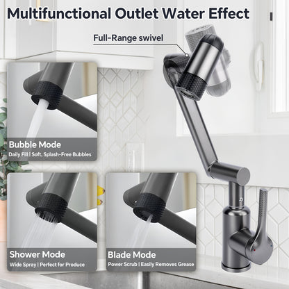 Multifunctional kitchen faucet with various modes on a tiled wall background