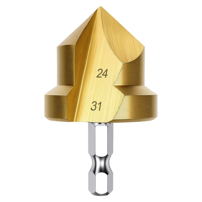 Gold drill bit with size markings on a white background