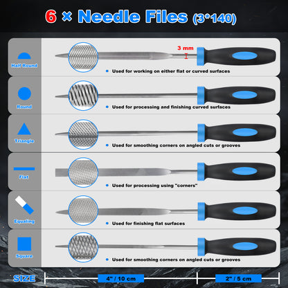 6-Piece Needle File Set, Alloy Steel Mini Files for Metal, Wood, Plastic, 6 Shapes