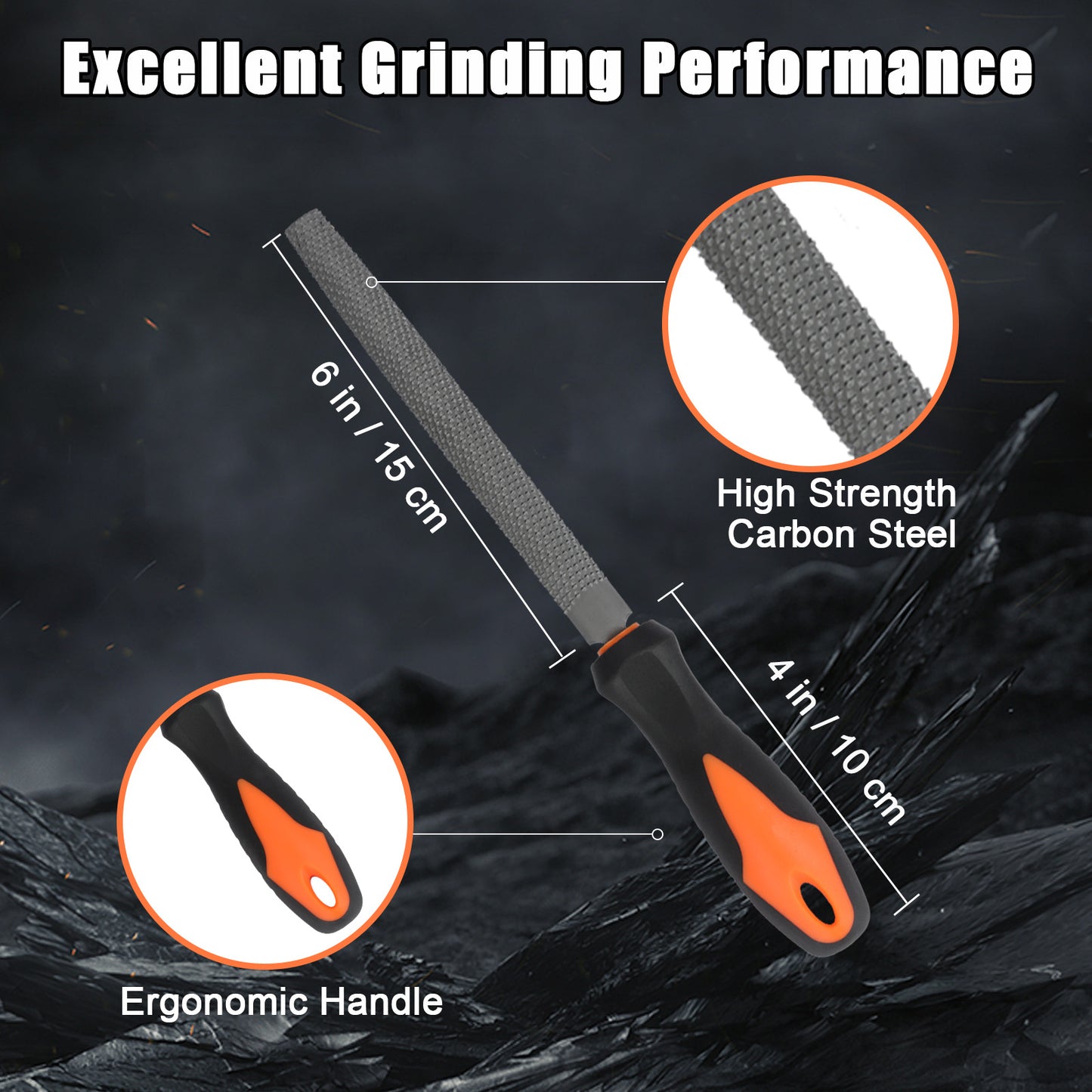 Rasp with measurements and features highlighted on a dark background