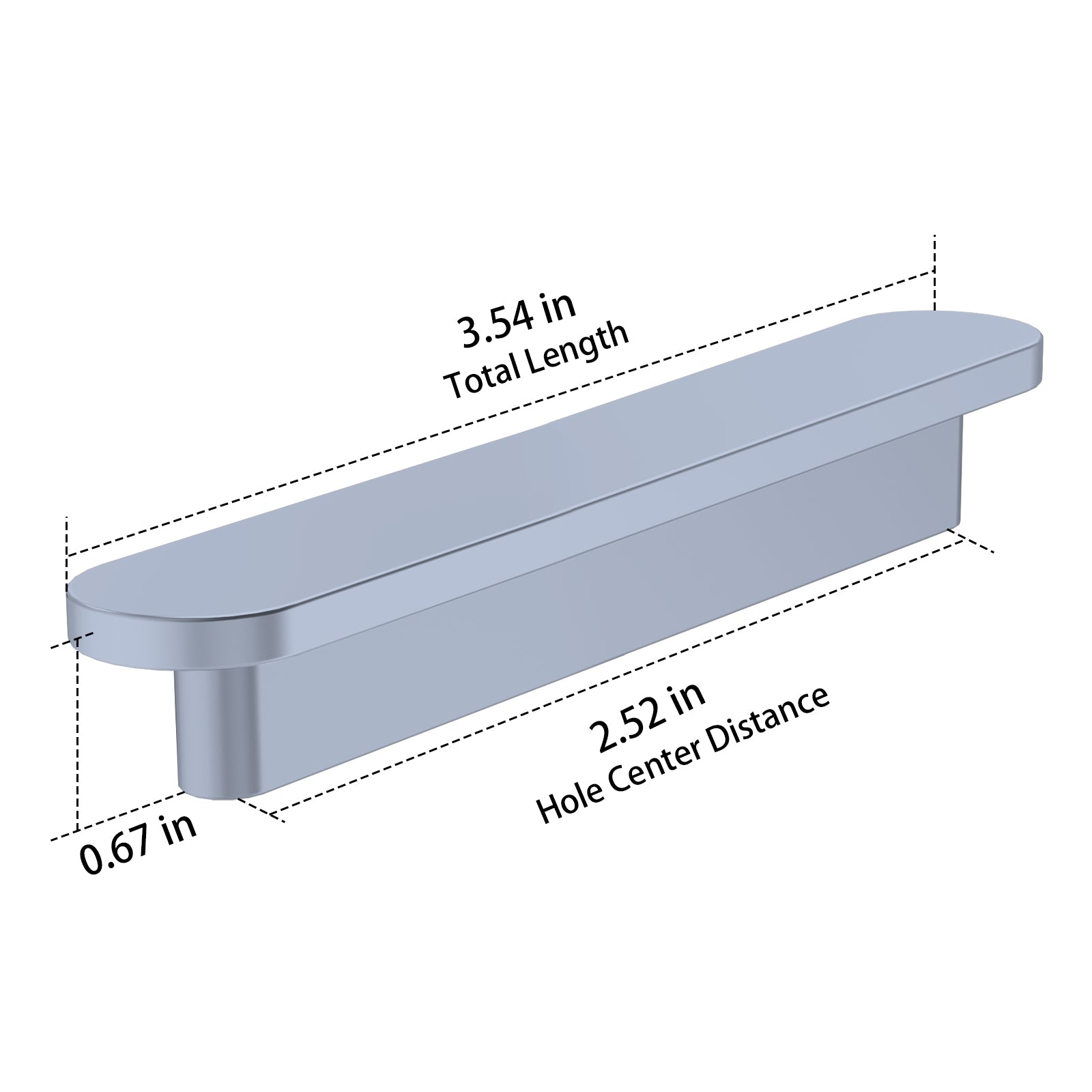 Cabinet handle with dimensions labeled on a white background