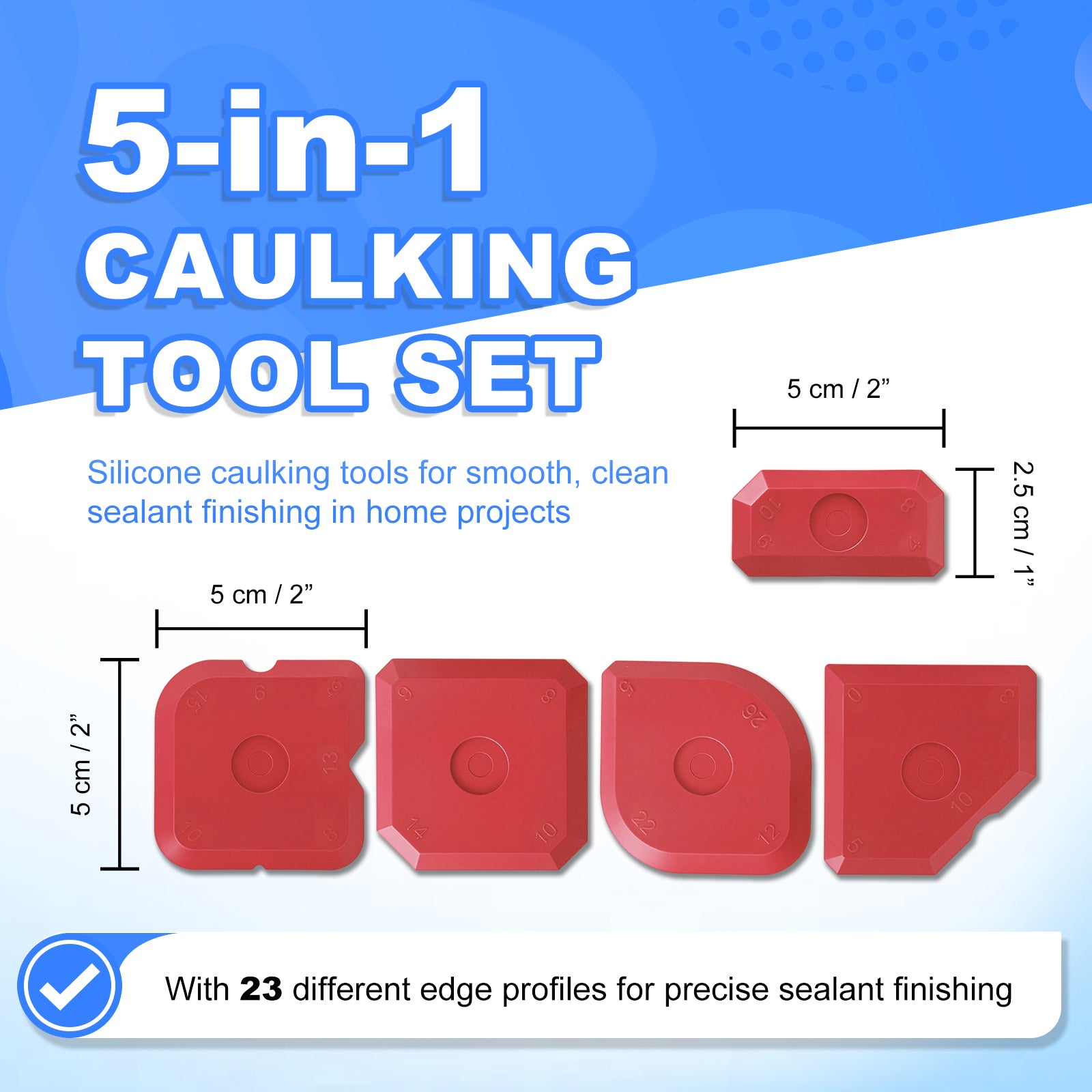 5-in-1 caulking tool set with red silicone tools on a blue and white background
