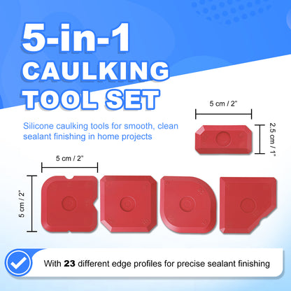 5-in-1 caulking tool set with red silicone tools on a blue and white background