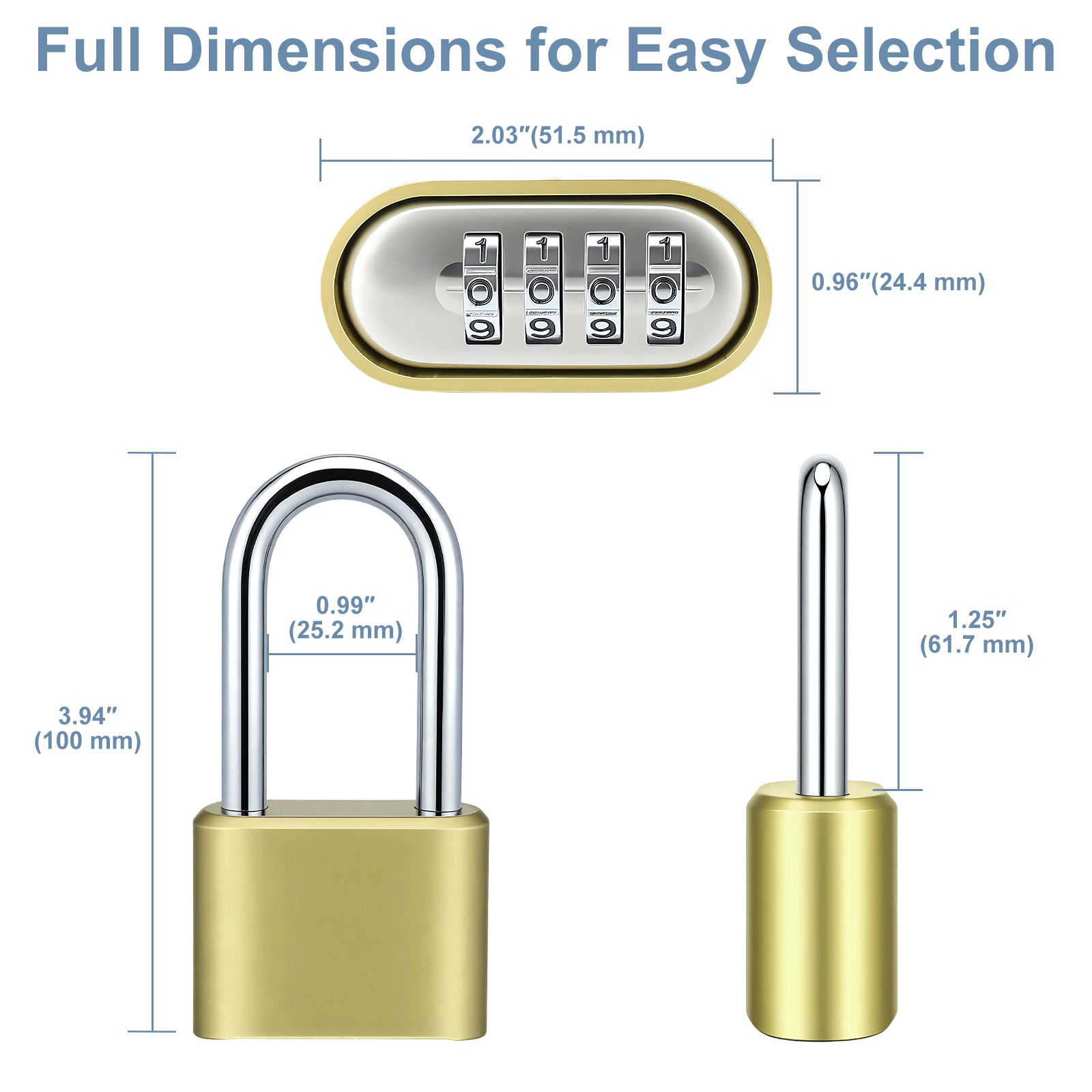 Gold combination lock with measurements on a white background