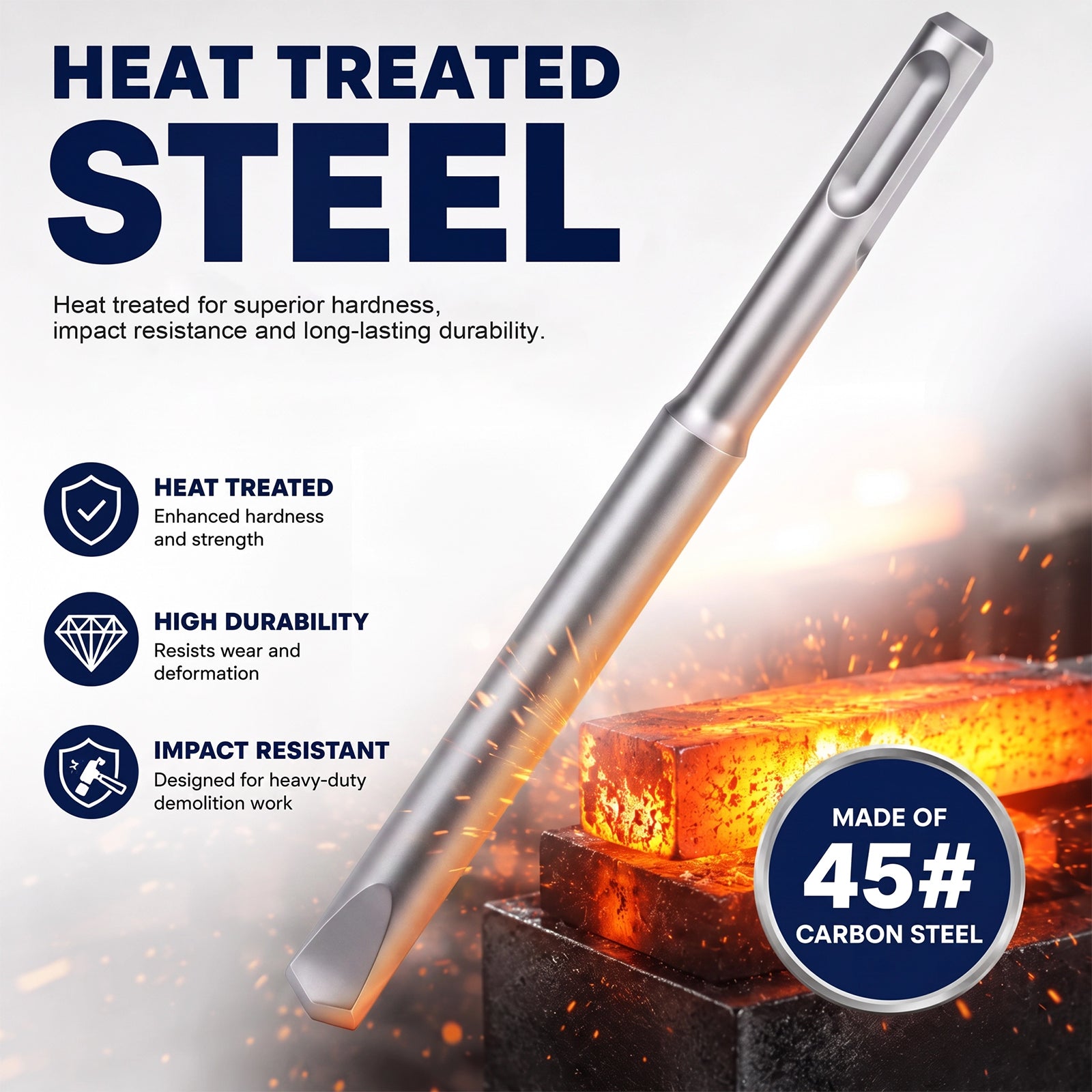 A heat-treated steel demolition tool shown diagonally over a glowing forge with sparks, with marketing text including 'HEAT TREATED STEEL,' feature icons, and a badge reading 'MADE OF 45# CARBON STEEL.'.