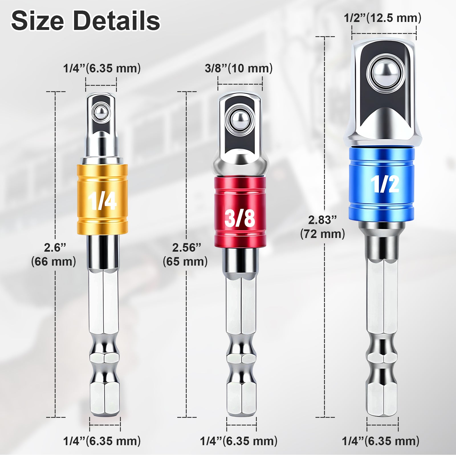 Three drill bits in different sizes with measurements on a white background
