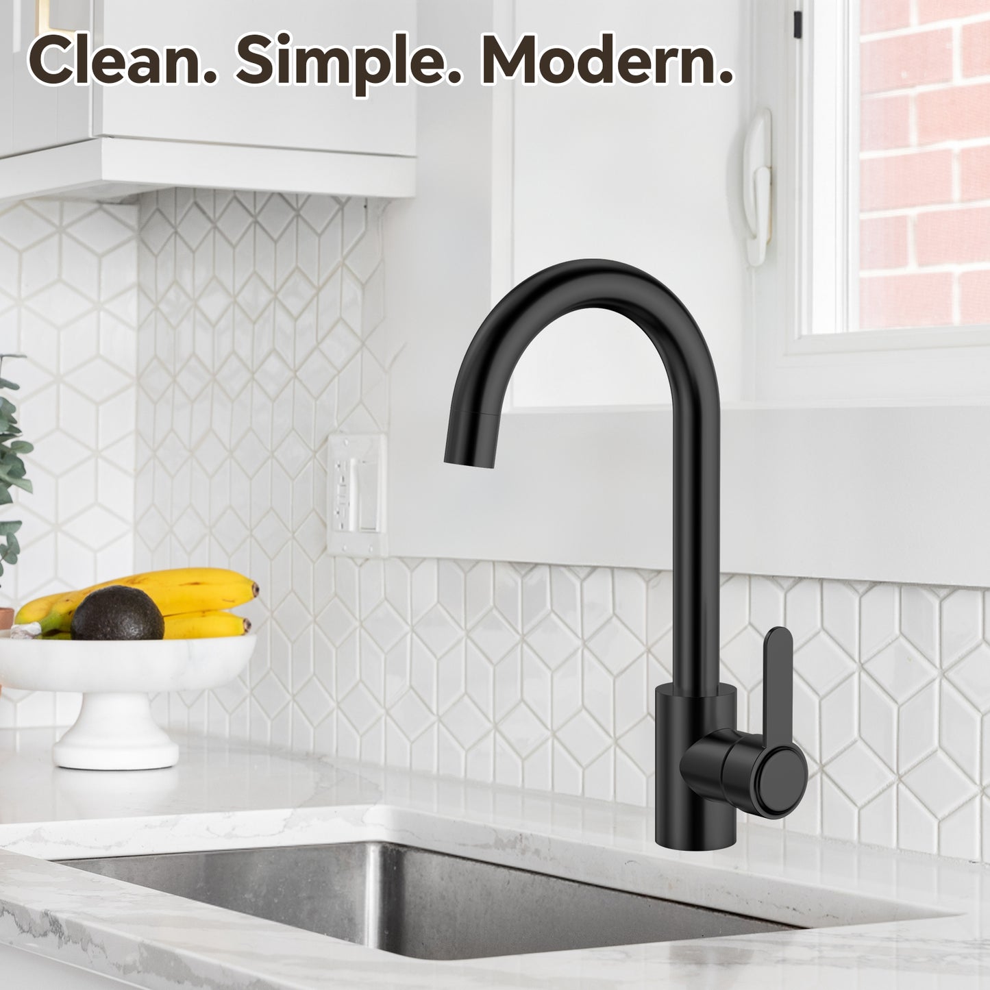Black kitchen faucet in a modern kitchen setting with 'Clean. Simple. Modern.' text.