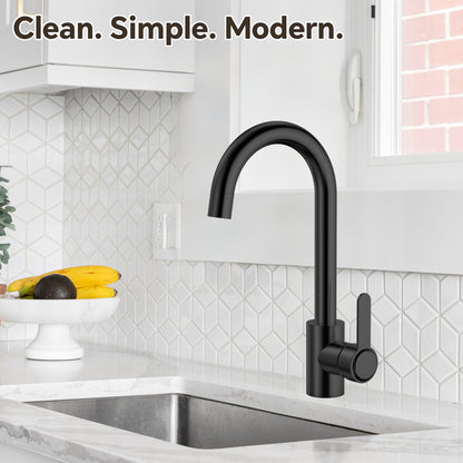 Black kitchen faucet in a modern kitchen setting with 'Clean. Simple. Modern.' text.