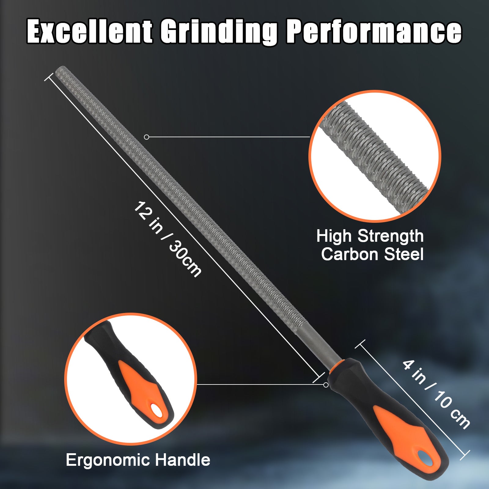 Riffler with high strength carbon steel and ergonomic handle on a dark background