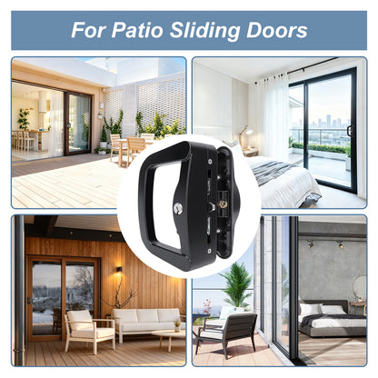 Black patio sliding door handle shown over a collage of modern interior and outdoor scenes with the text 'For Patio Sliding Doors'.