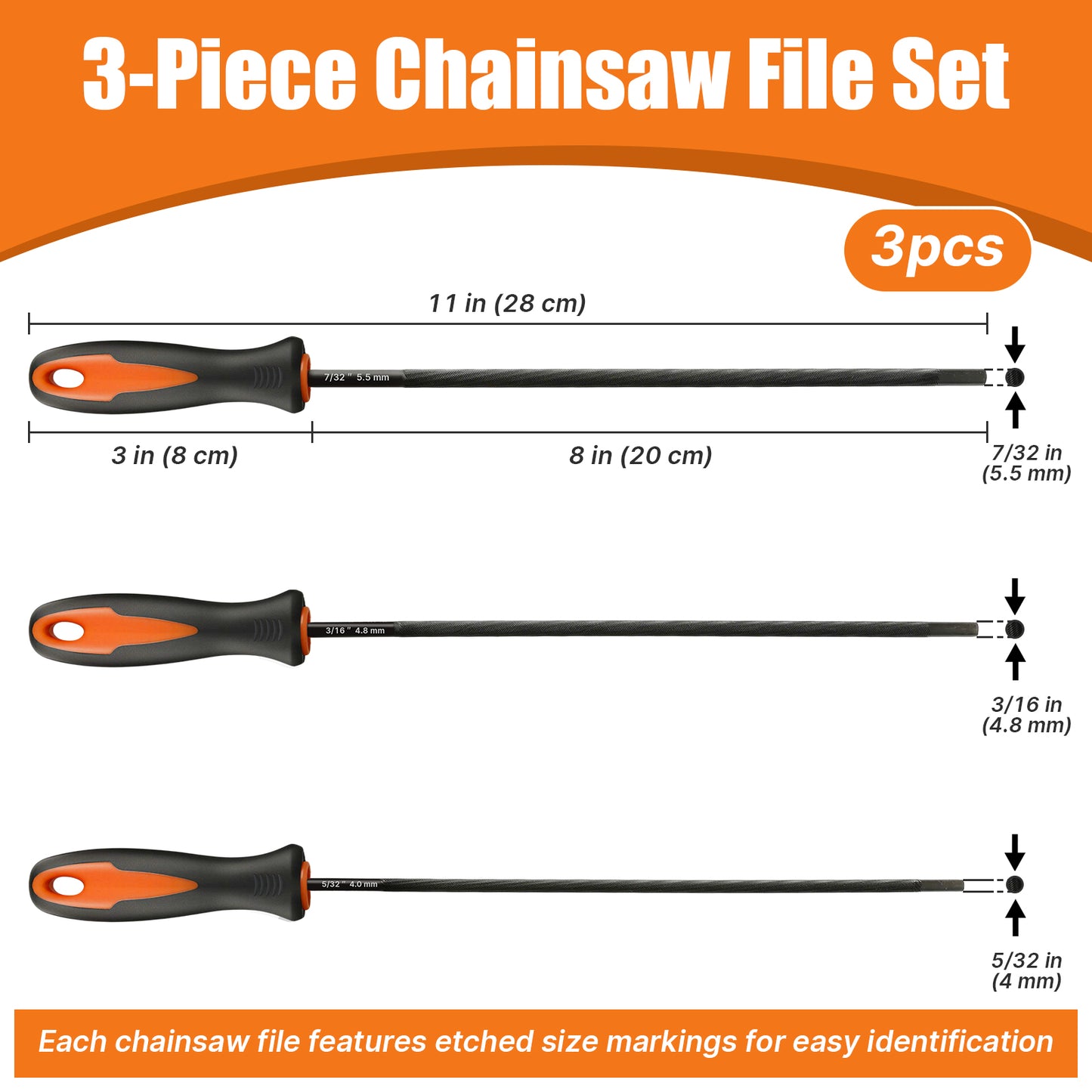 3-piece chainsaw file set with measurements and features on an orange and white background
