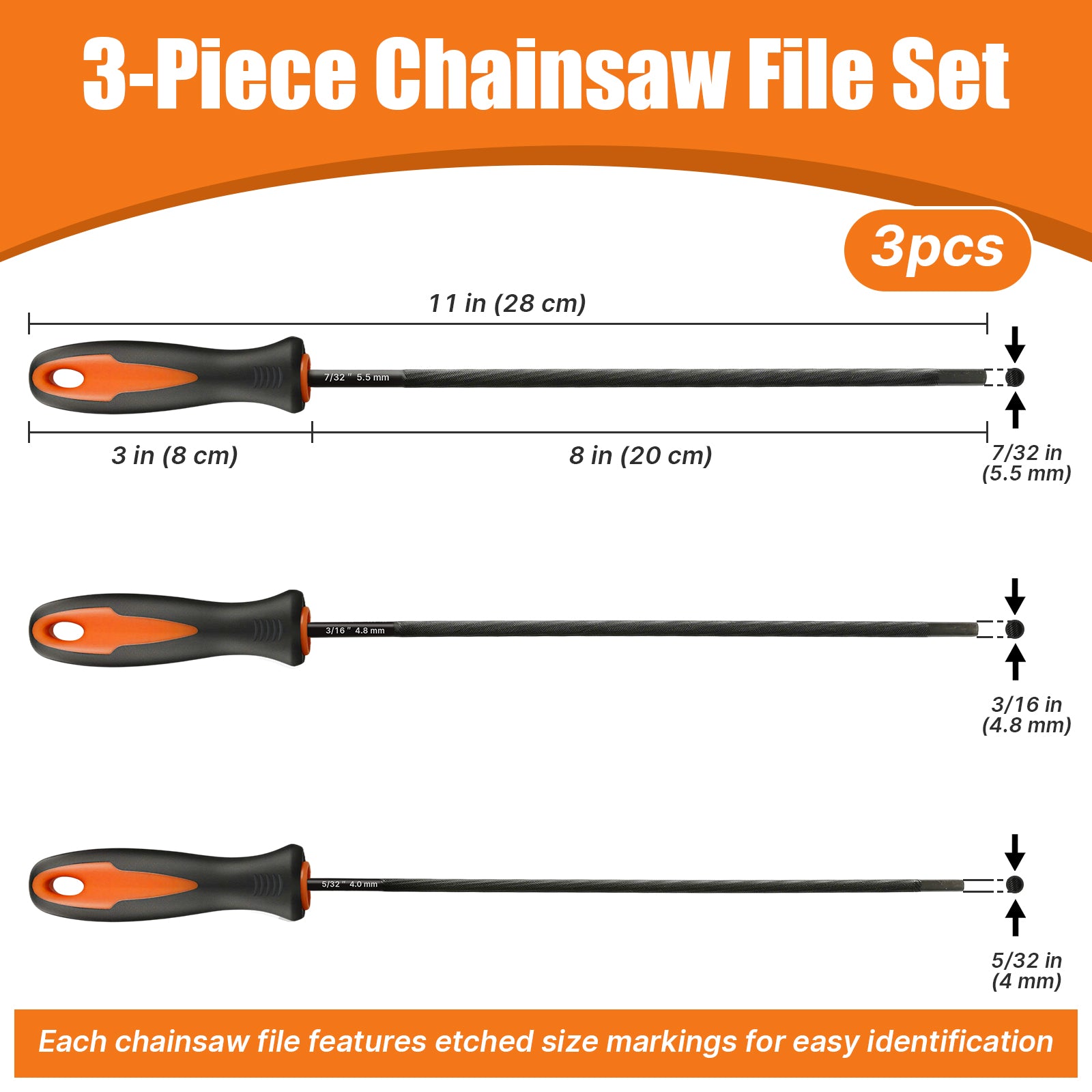 3-piece chainsaw file set with measurements and features on an orange and white background