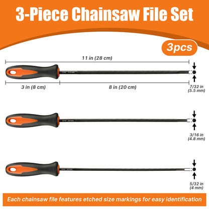 3-piece chainsaw file set with measurements and features on an orange and white background