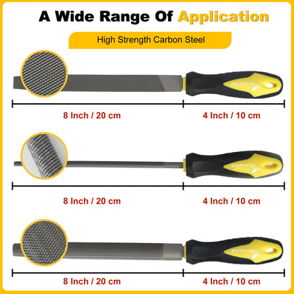 Three chisels with different sizes and handles on a yellow background with text about high strength carbon steel.
