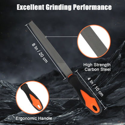 Grinding tool with measurements and features on a dark background