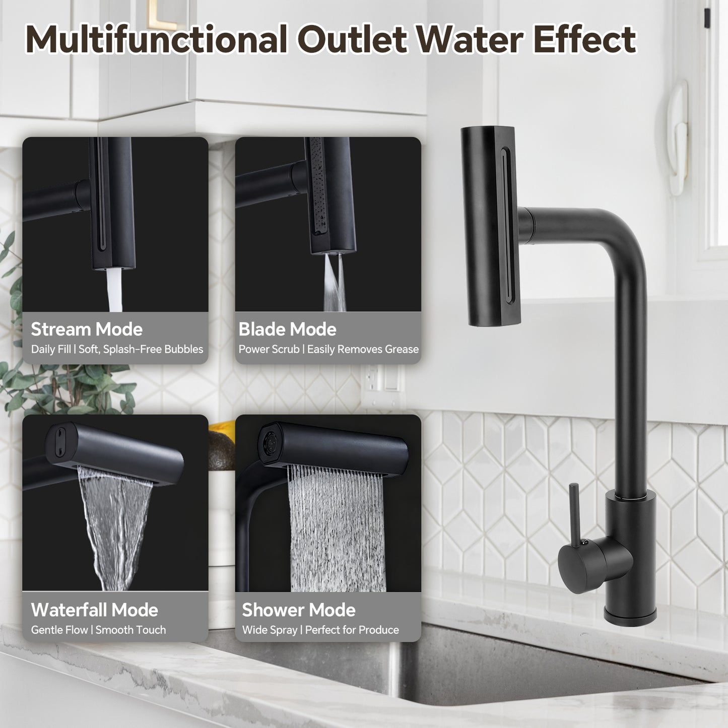 Black kitchen faucet with various water modes displayed on a tiled wall background.