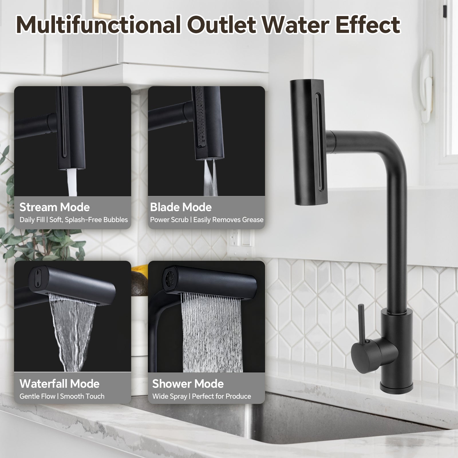 Black kitchen faucet with various water modes displayed on a tiled wall background.