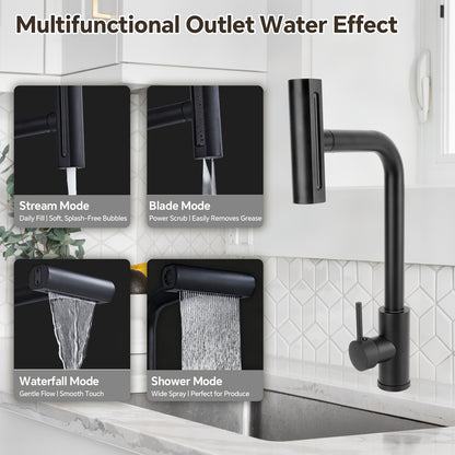 Black kitchen faucet with various water modes displayed on a tiled wall background.