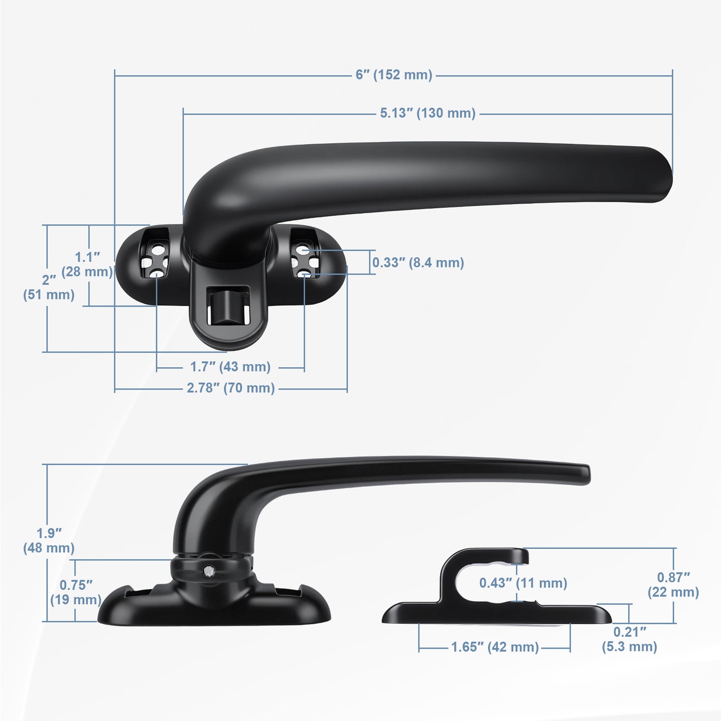 Black bathroom faucet handle with dimension callouts showing top and side measurements on a light gray background.