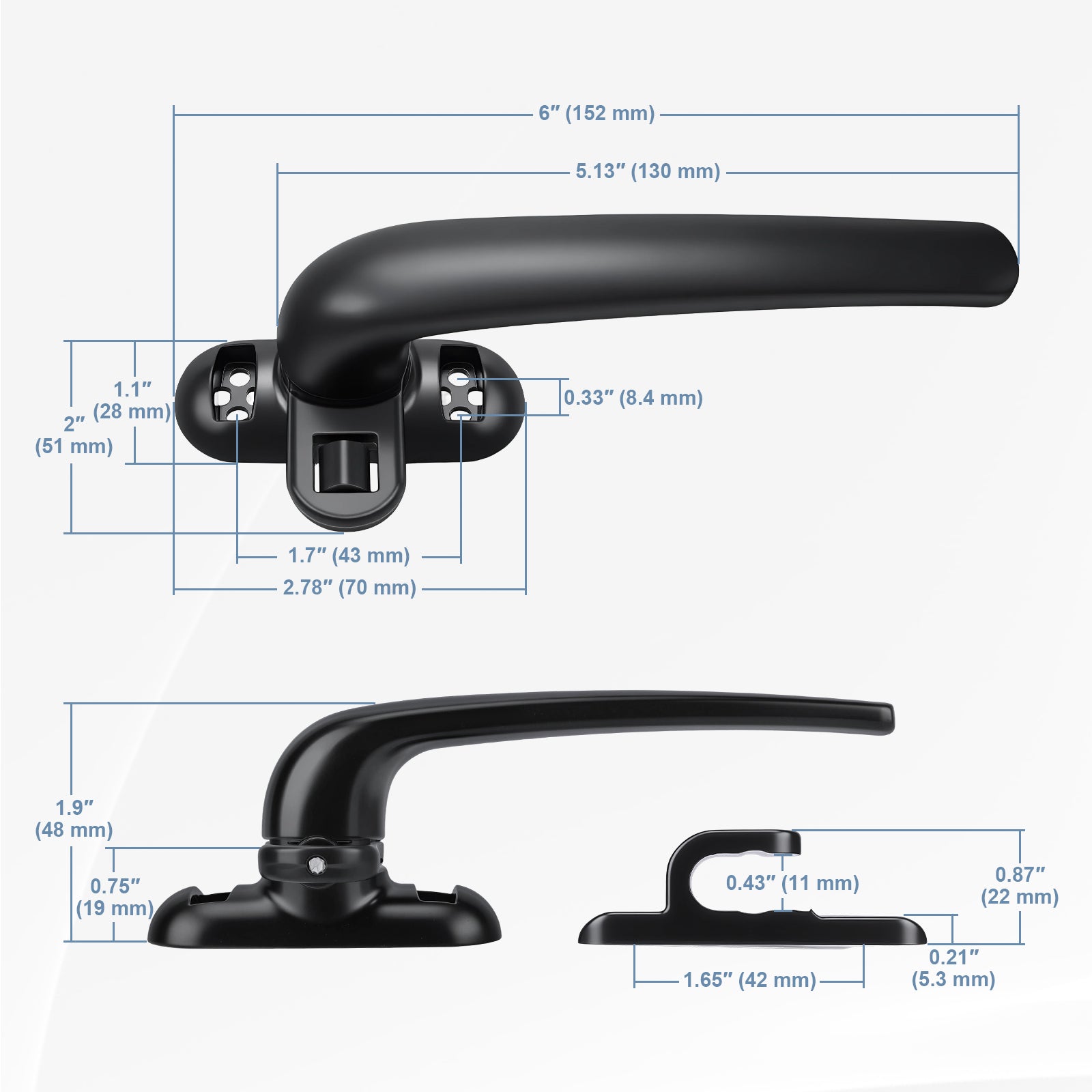 Black bathroom faucet handle with dimension callouts showing top and side measurements on a light gray background.