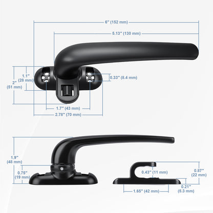 Black bathroom faucet handle with dimension callouts showing top and side measurements on a light gray background.