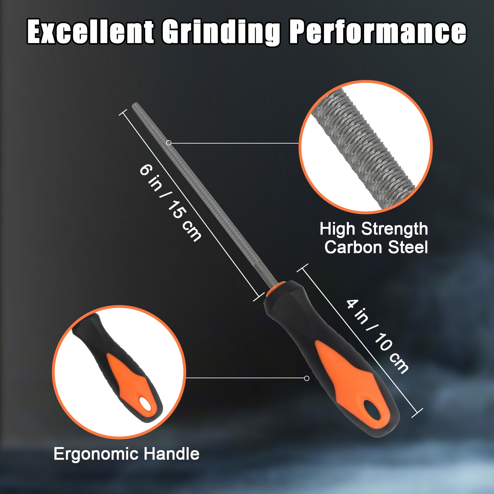 Diamond file with ergonomic handle and high strength carbon steel, labeled 'Excellent Grinding Performance'.