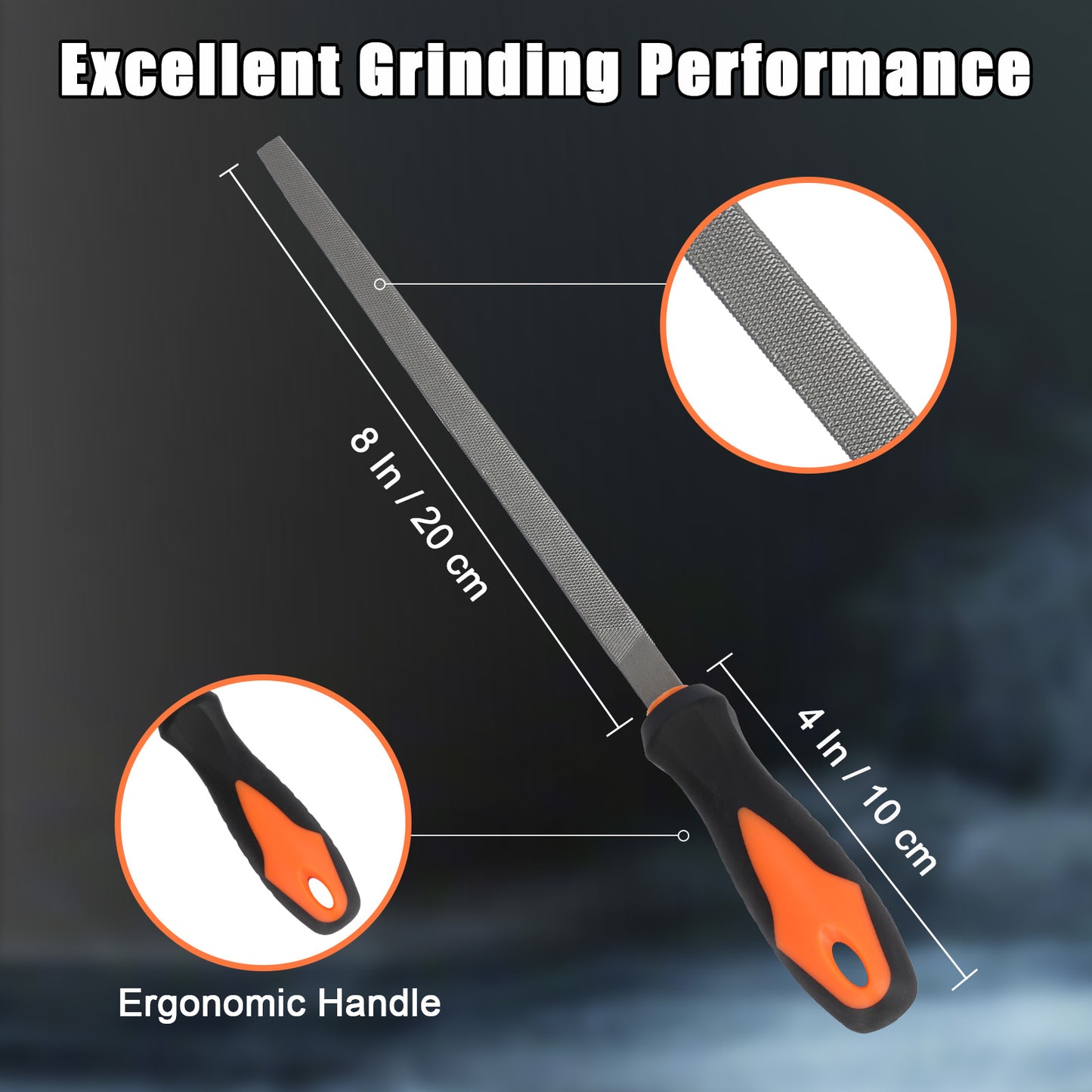 Grinding tool with ergonomic handle and measurements on a dark background