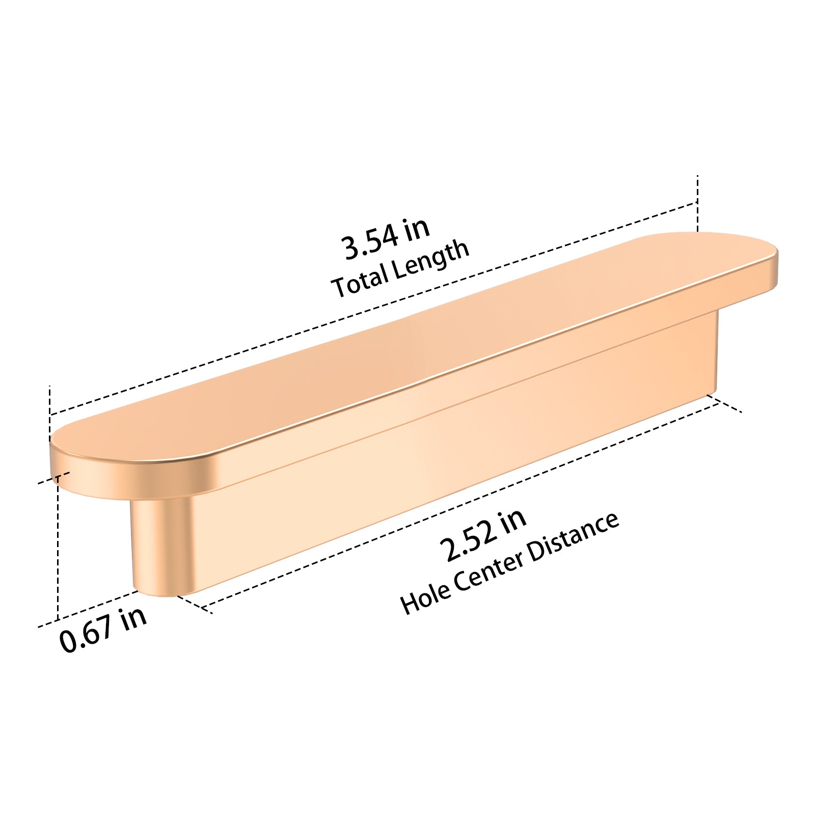 Rose gold cabinet handle with dimensions labeled on a white background
