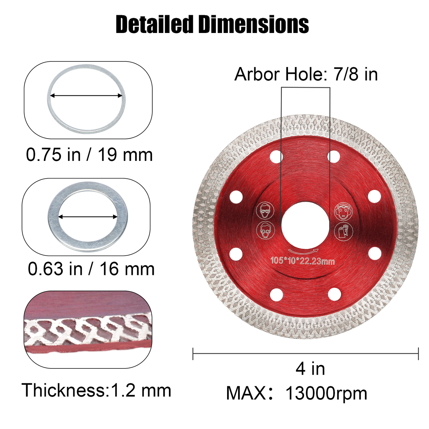 Red diamond cutting wheel with labeled dimensions on a white background