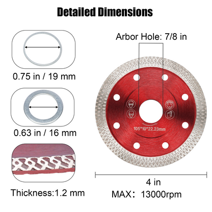 Red diamond cutting wheel with labeled dimensions on a white background