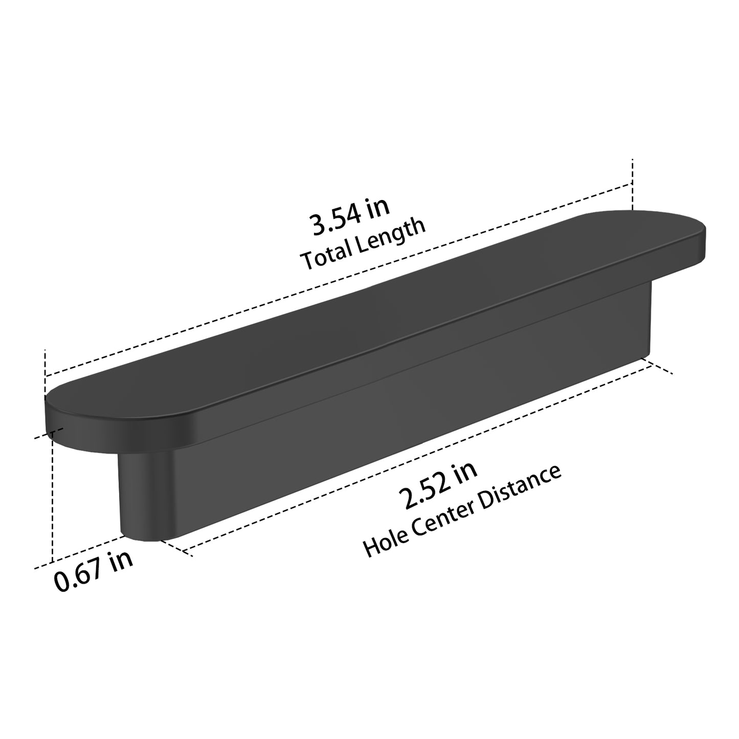 Black cabinet handle with measurements on a white background