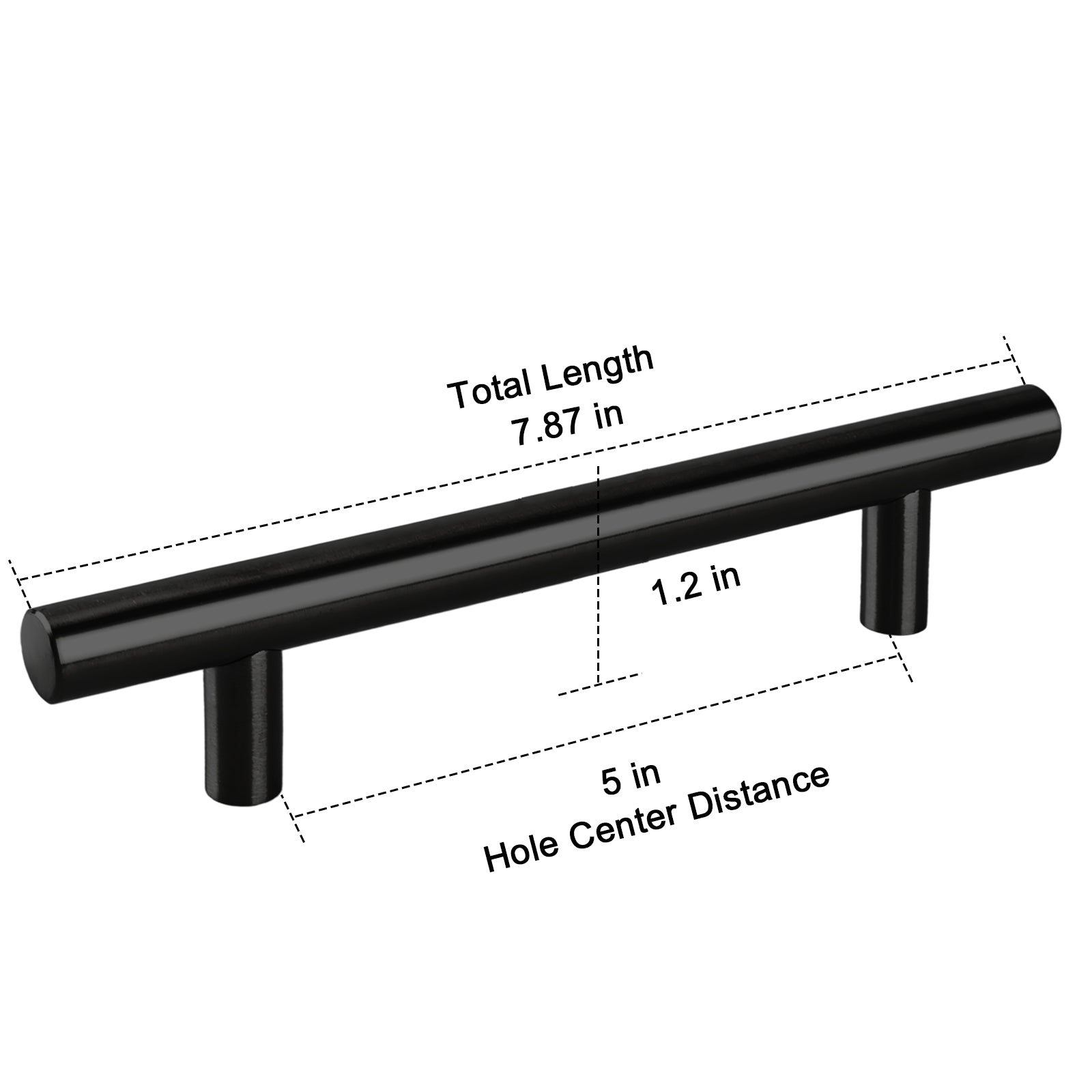 Black cabinet handle with measurements on a white background