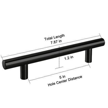 Black cabinet handle with measurements on a white background