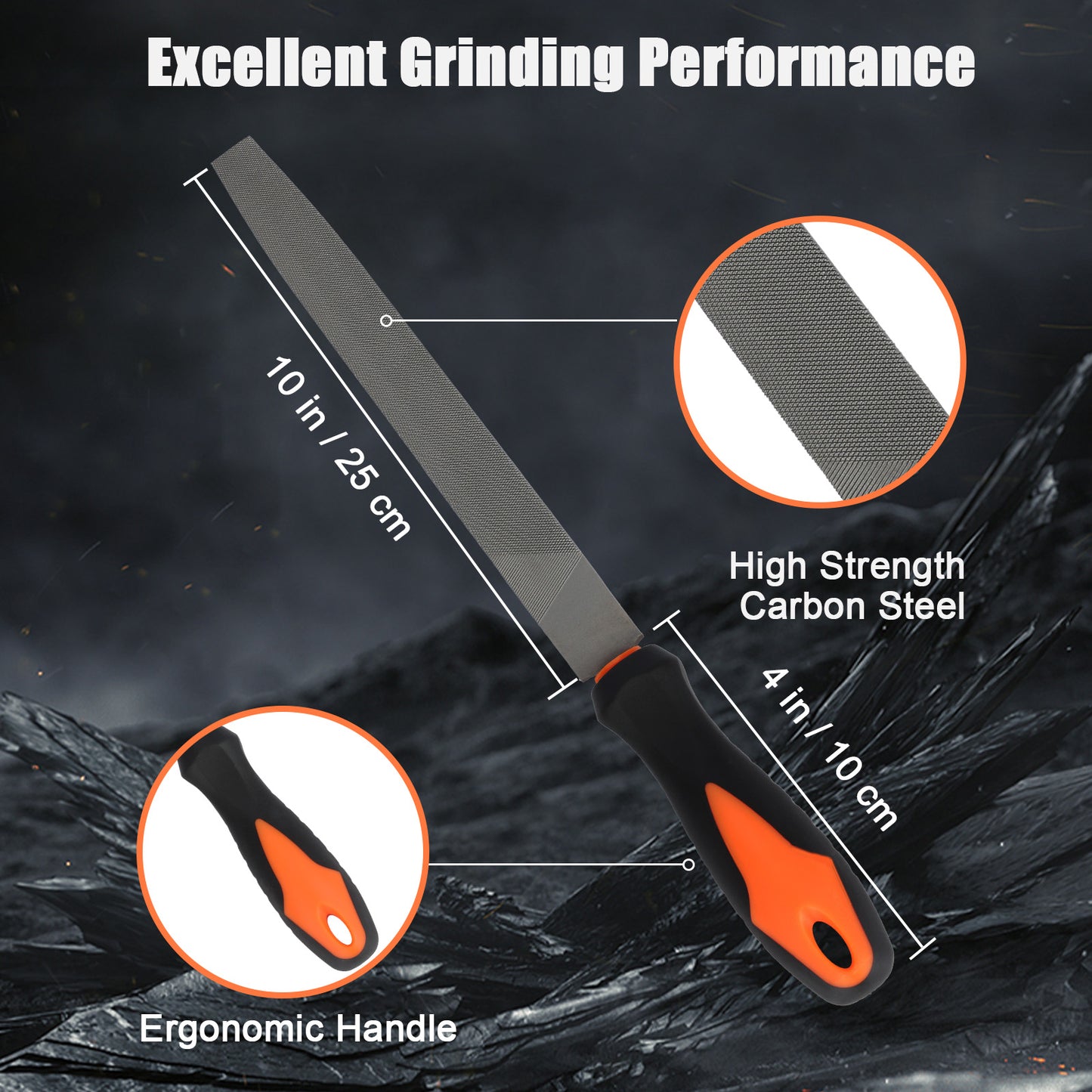 Rasp tool with high strength carbon steel and ergonomic handle on a dark background