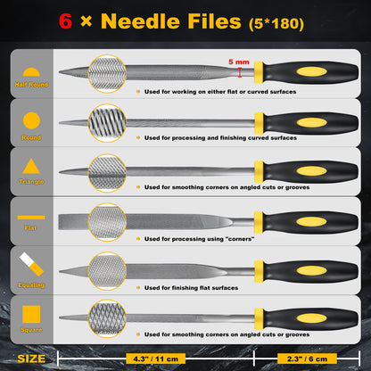 6-Piece Needle File Set, Alloy Steel Mini Files for Metal, Wood, Plastic, 6 Shapes